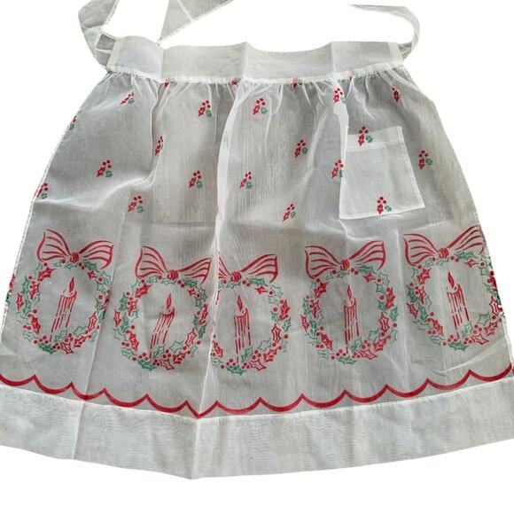 Vintage Sheer Christmas Holiday Candle Wreath Half Apron - Picture 2 of 9